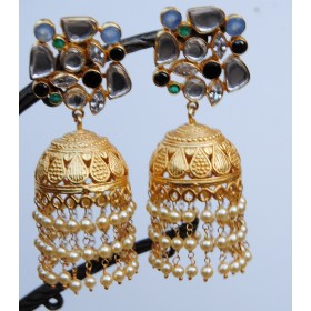 Green Diamond Pearl  Gold Jhumka Earrings